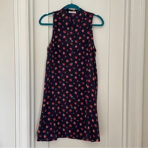 🍓 Equipment Mina Retro Navy Blue Raspberry Print Silk Dress (Medium)